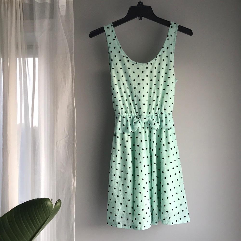 Cute boutique mint, lace polka-dot dress.